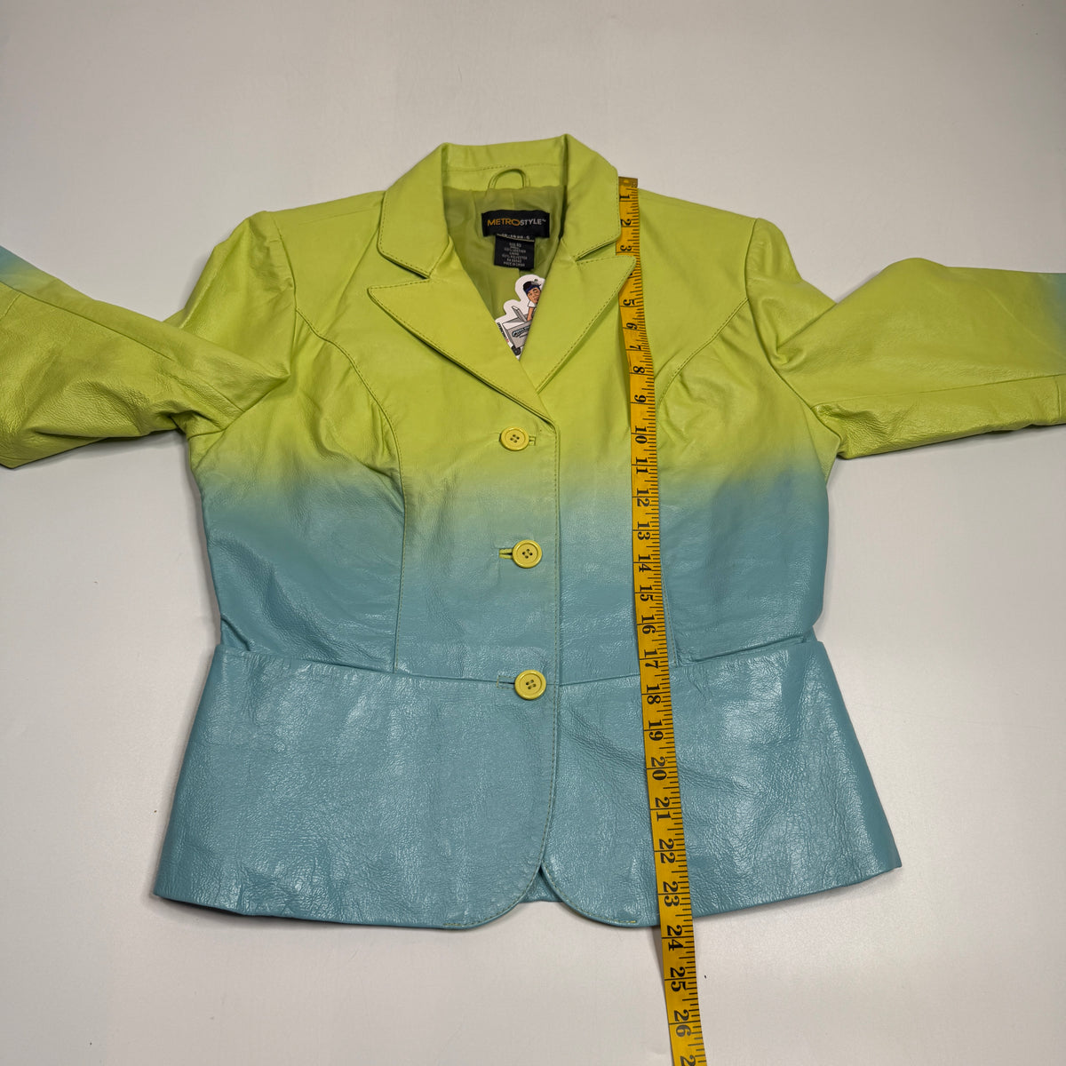 Y2K Metrostyle Leather Pantsuit Set Ombre Blazer Flare Pants L Green Blue