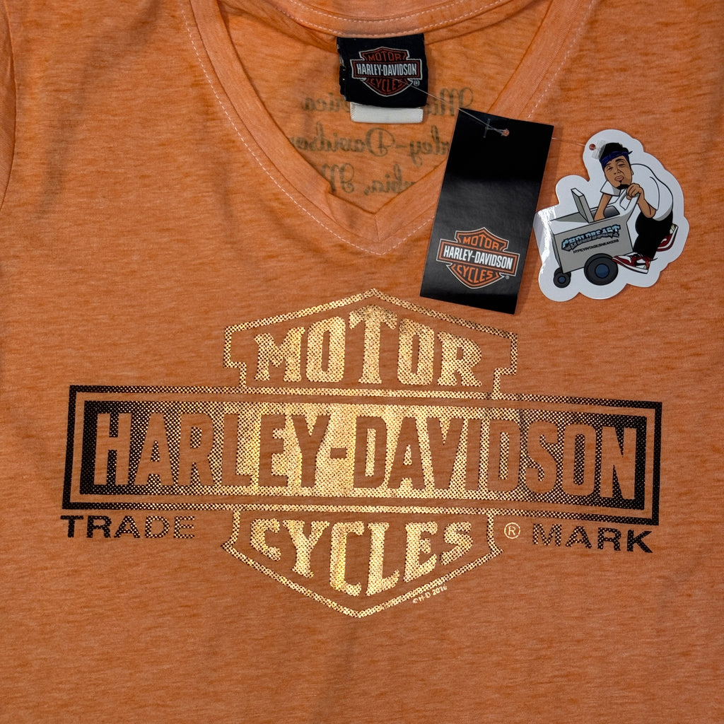 Y2K 2010 Harley Davidson V Neck Shine on T Shirt S Orange