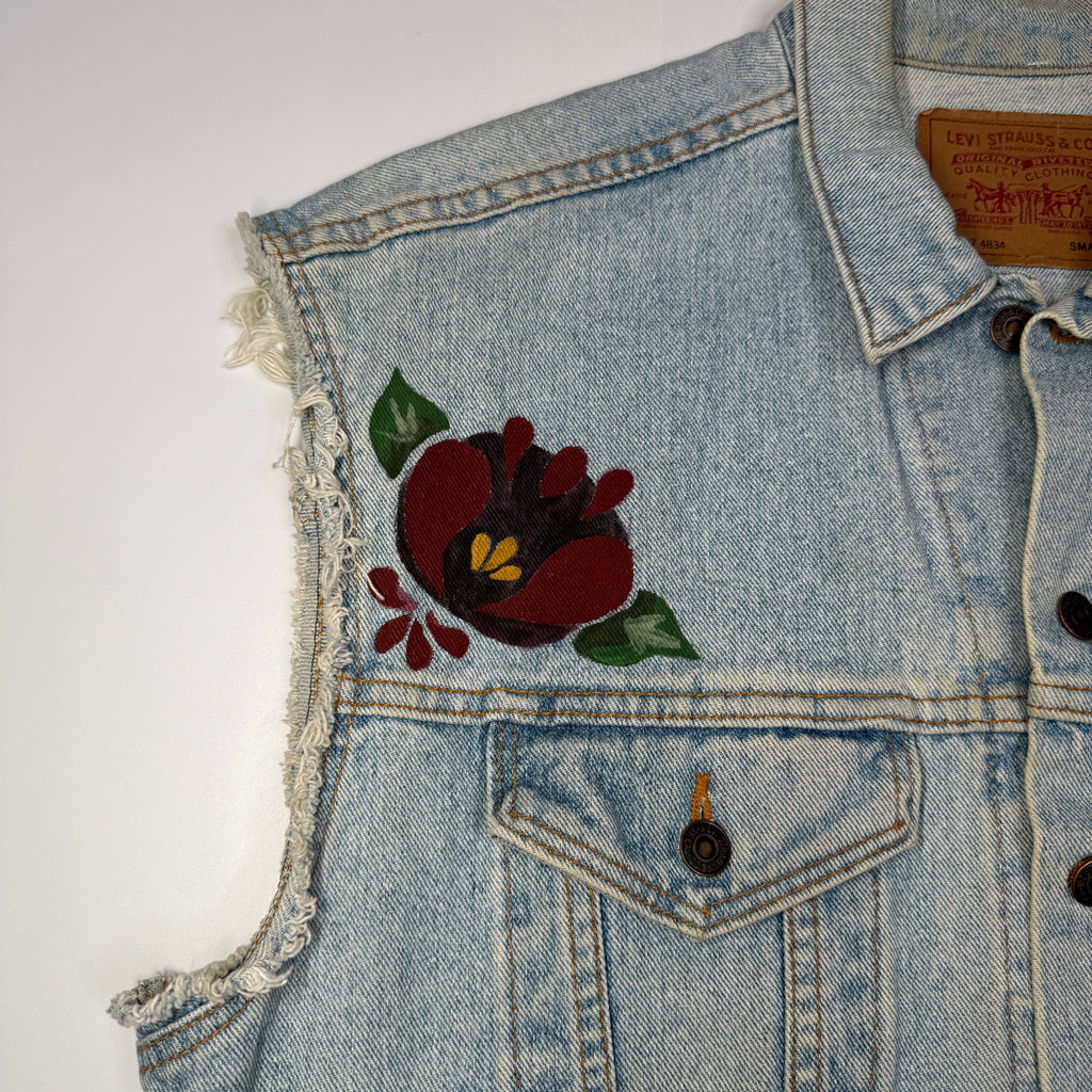 VTG Levis Cut Off Floral Hand Painted Denim Vest S/M