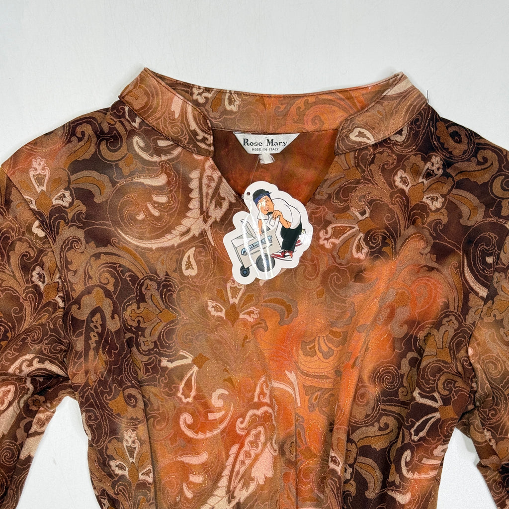 Y2K Rose Mary Made in Italy Paisley Peplum Bell Blouse M Brown