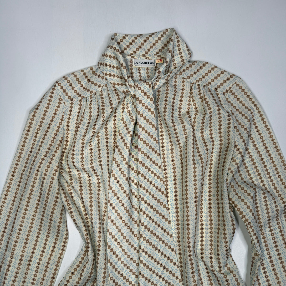 VTG Jo Matthews Floral Stripe Secretary Blouse Pussyow Secretary Blouse S/M Beige