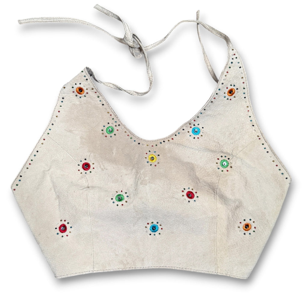 VTG Helium London Embroidered Beaded Leather Halter Top S Tan
