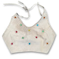 VTG Helium London Embroidered Beaded Leather Halter Top S Tan