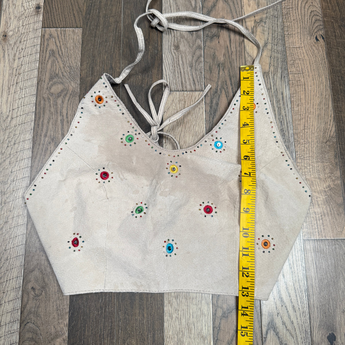 VTG Helium London Embroidered Beaded Leather Halter Top S Tan