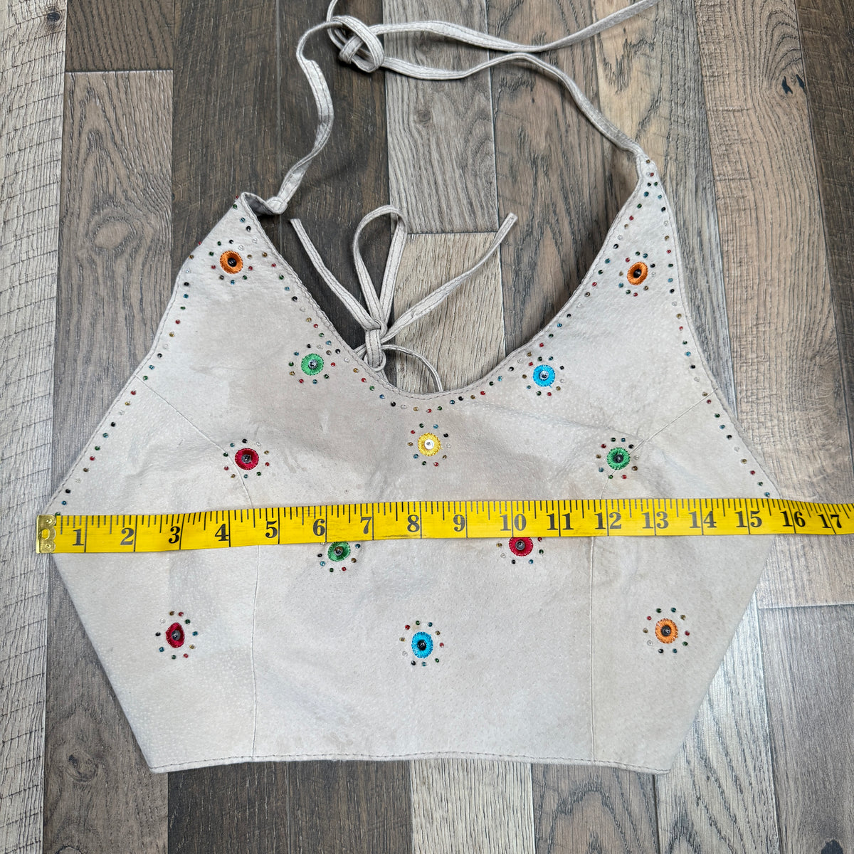 VTG Helium London Embroidered Beaded Leather Halter Top S Tan