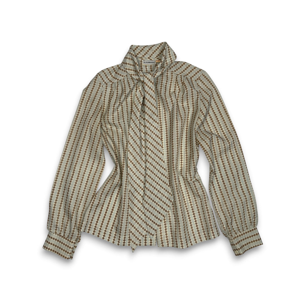 VTG Jo Matthews Floral Stripe Secretary Blouse Pussyow Secretary Blouse S/M Beige