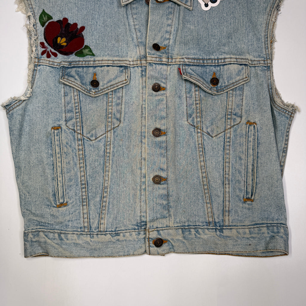 VTG Levis Cut Off Floral Hand Painted Denim Vest S/M