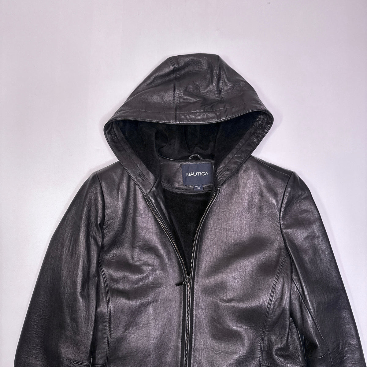 Nautica Genuine Leather Black Hooded Jacket M