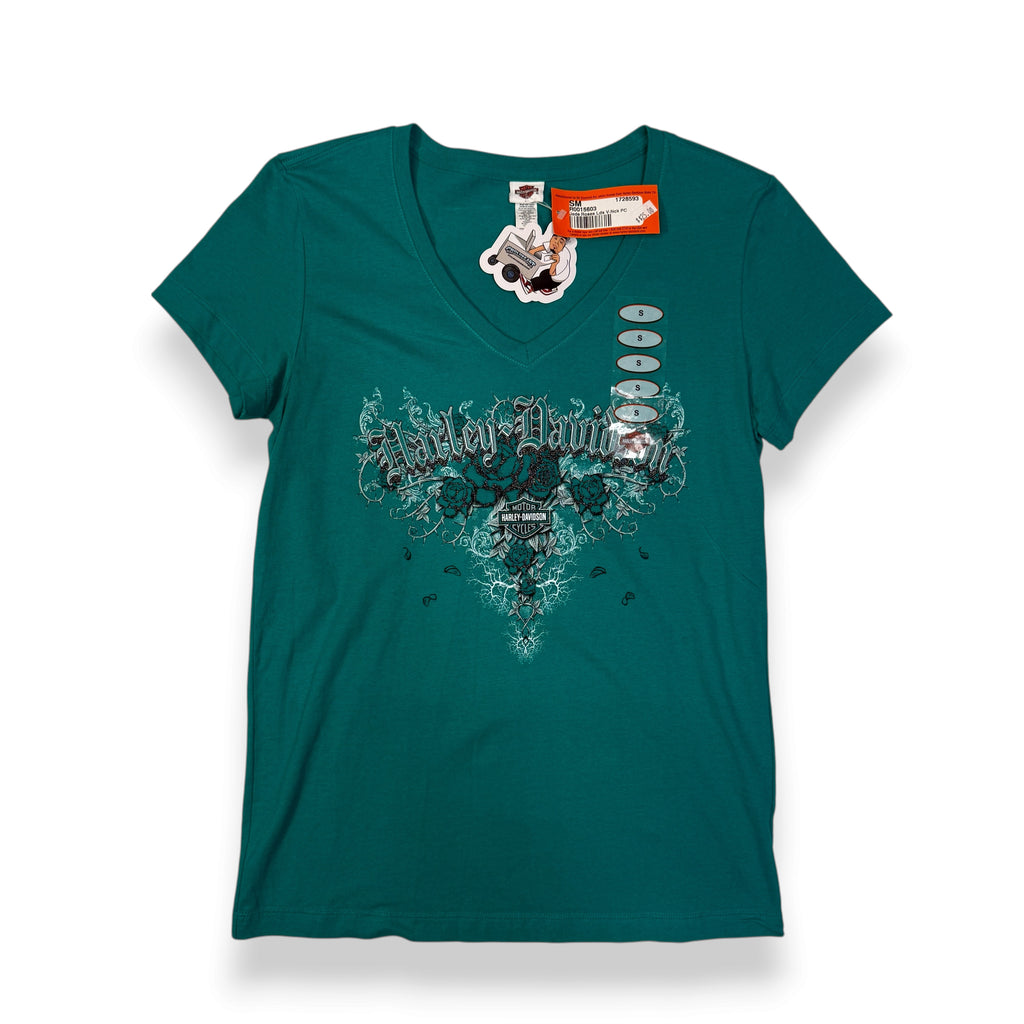 NWT Y2k Harley Davidson Roses V Neck T Shirt S Jade