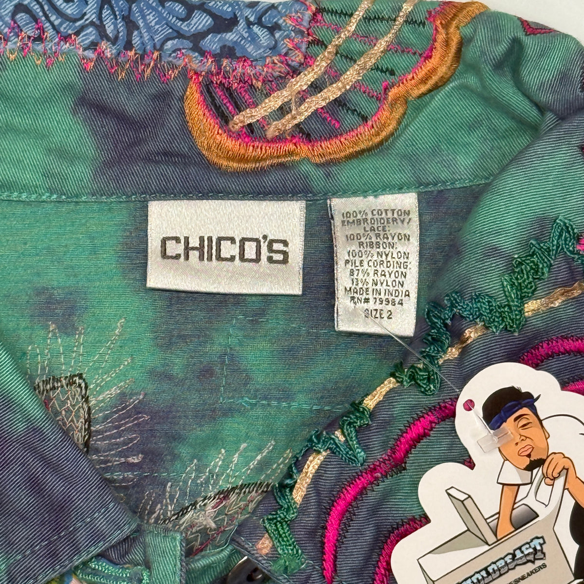 VTG Chicos Art Embroidered Stitched Dyed Multi Color Vest S