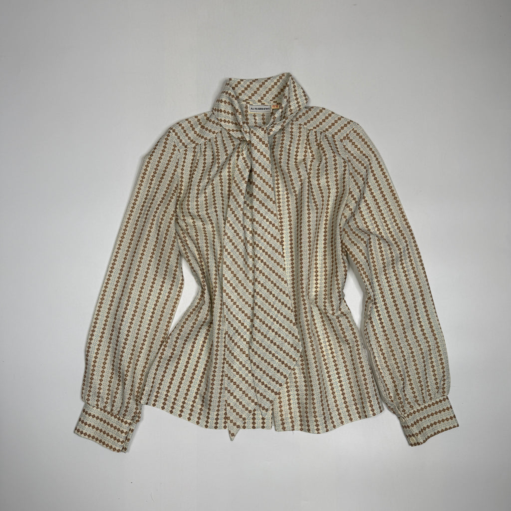 VTG Jo Matthews Floral Stripe Secretary Blouse Pussyow Secretary Blouse S/M Beige