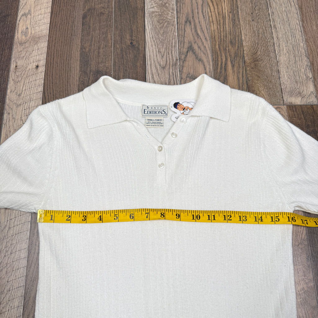 VTG Basic Editions Polo Top Ribbed Knit Top S White