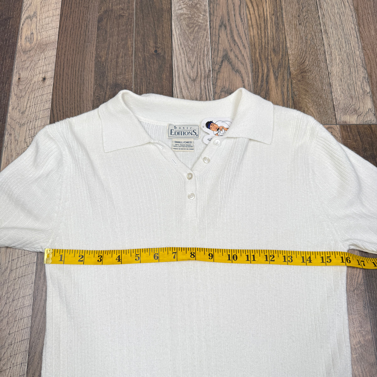 VTG Basic Editions Polo Top Ribbed Knit Top S White