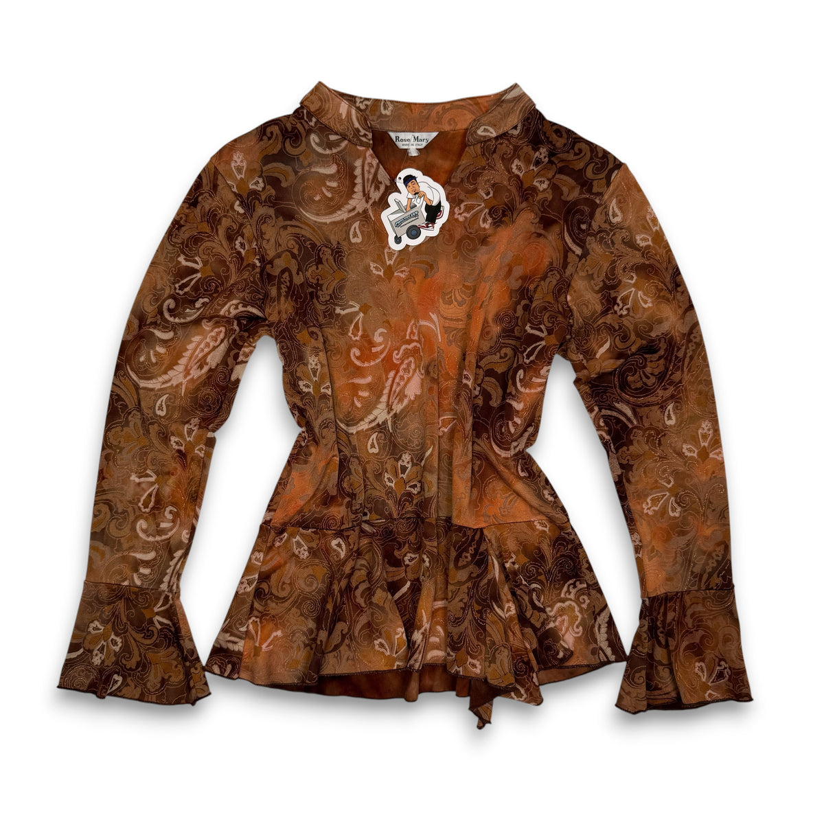 Y2K Rose Mary Made in Italy Paisley Peplum Bell Blouse M Brown
