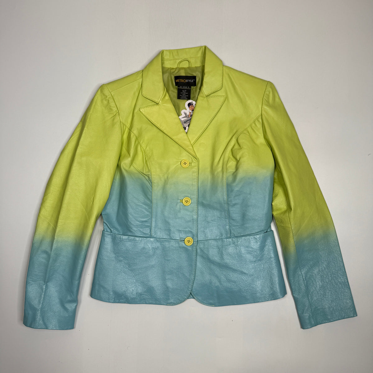 Y2K Metrostyle Leather Pantsuit Set Ombre Blazer Flare Pants L Green Blue