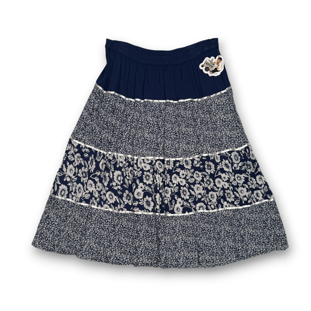 VTG Cathy Daniels Navy Floral Tiered Midi Skirt 35" L/XL