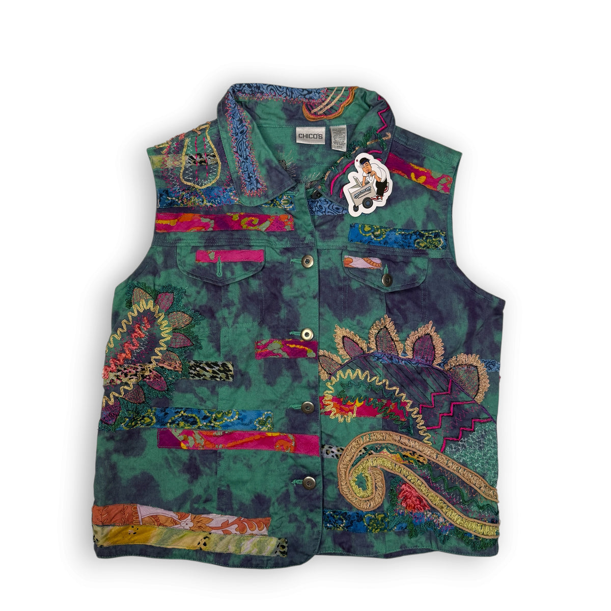 VTG Chicos Art Embroidered Stitched Dyed Multi Color Vest S