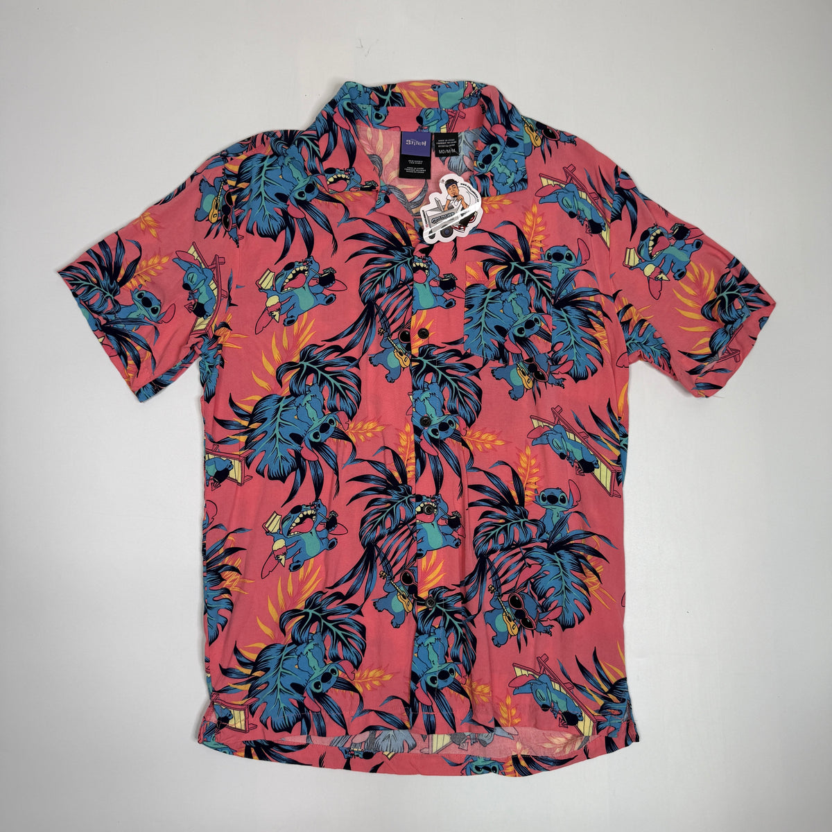 Disney Stitch Hawaiian Rayon Button Up M