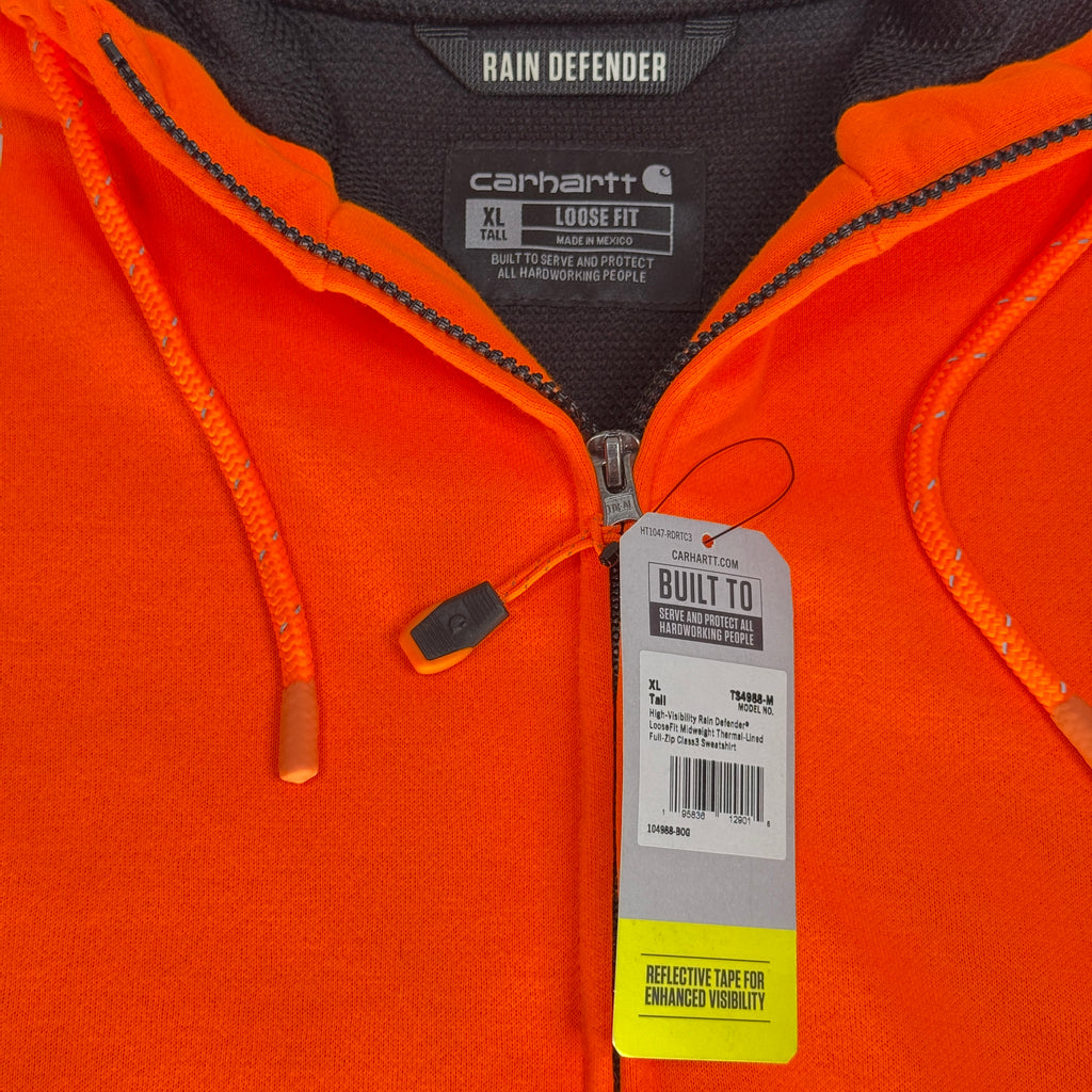 Carhartt 3M High Visibility Loose Fit Class 3 Zip Up Hoodie XL Orange