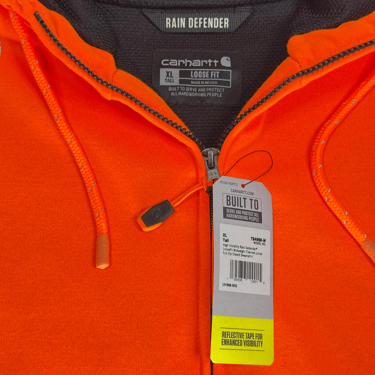 Carhartt 3M High Visibility Loose Fit Class 3 Zip Up Hoodie XL Orange