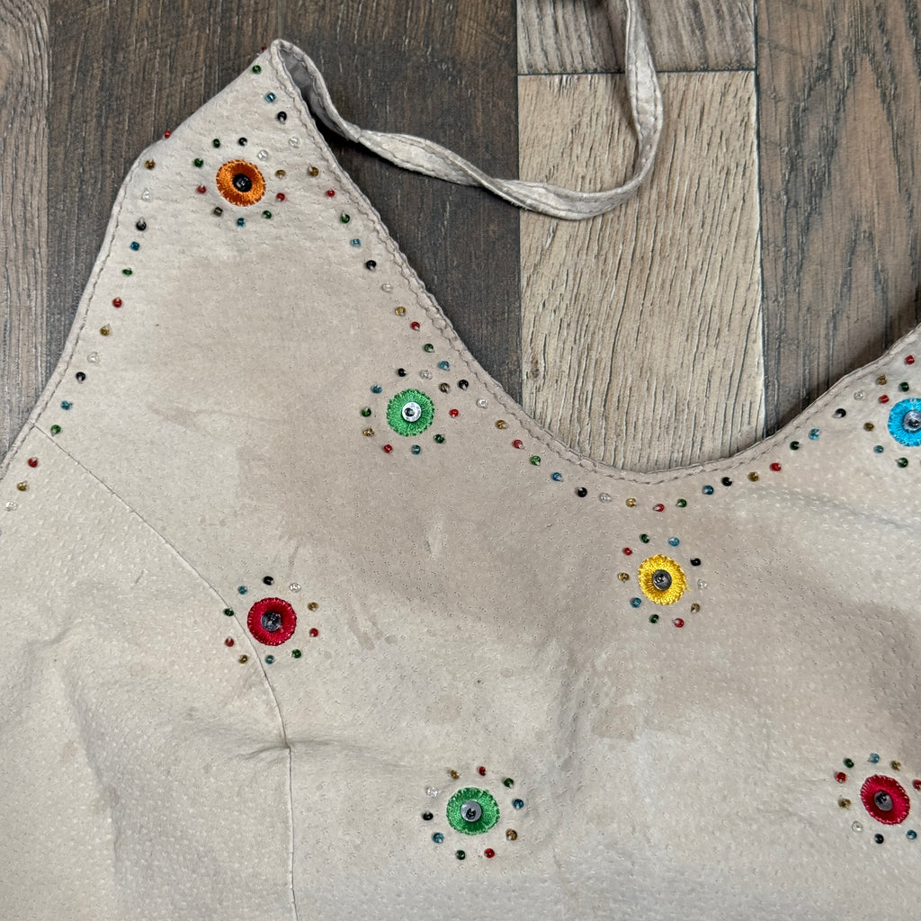 VTG Helium London Embroidered Beaded Leather Halter Top S Tan