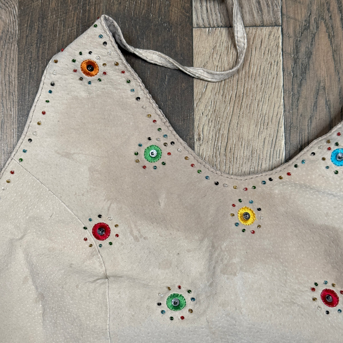 VTG Helium London Embroidered Beaded Leather Halter Top S Tan