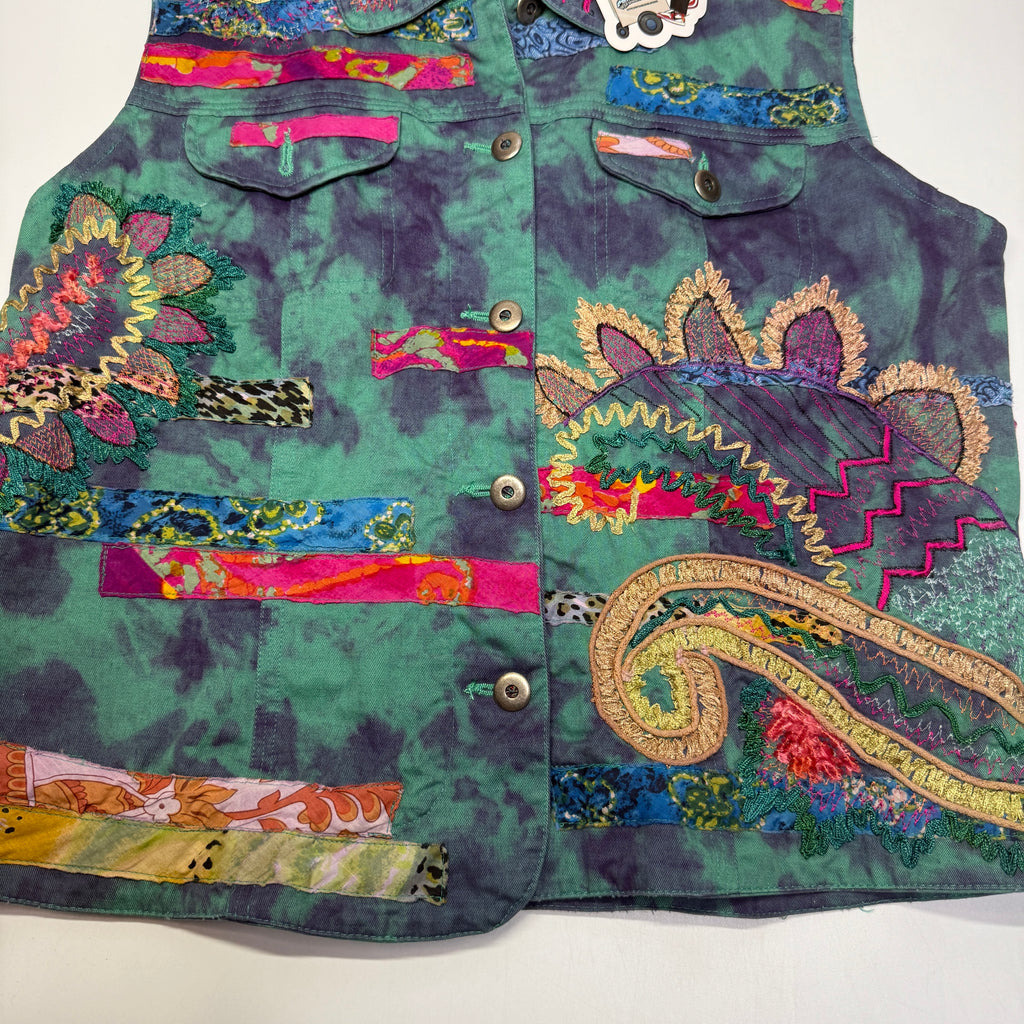 VTG Chicos Art Embroidered Stitched Dyed Multi Color Vest S