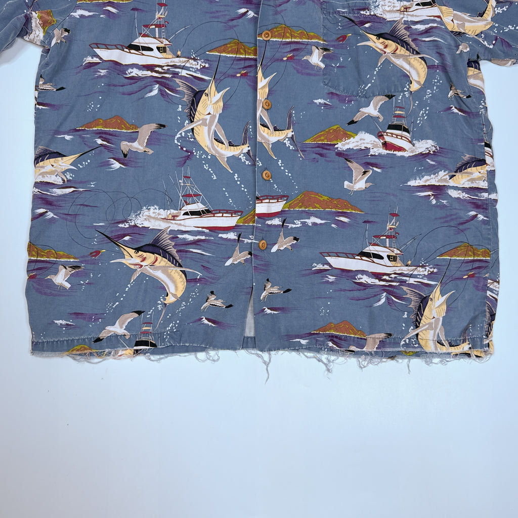 VTG Paradise Found Fishermen Sail Fish Distressed Hawaiian Button up L