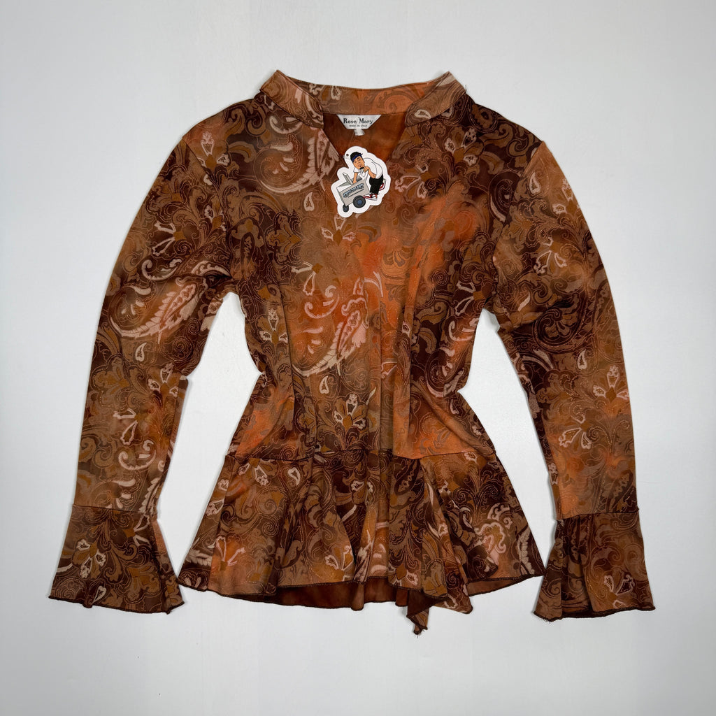 Y2K Rose Mary Made in Italy Paisley Peplum Bell Blouse M Brown