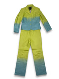 Y2K Metrostyle Leather Pantsuit Set Ombre Blazer Flare Pants L Green Blue