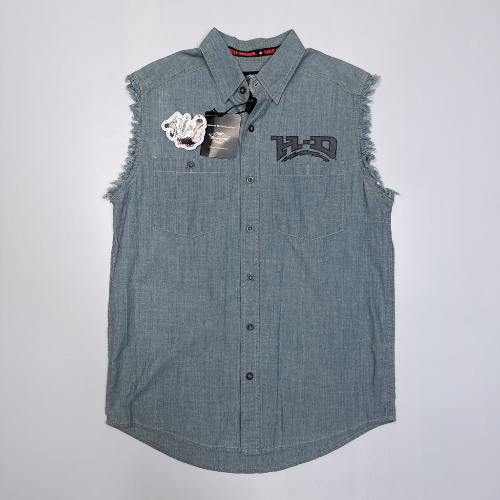 VTG 2003 Harley Davidson HD Denim Cut Off Button Up M