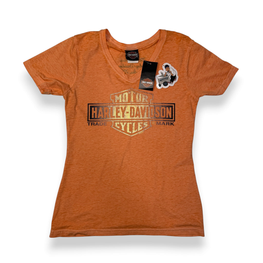 Y2K 2010 Harley Davidson V Neck Shine on T Shirt S Orange