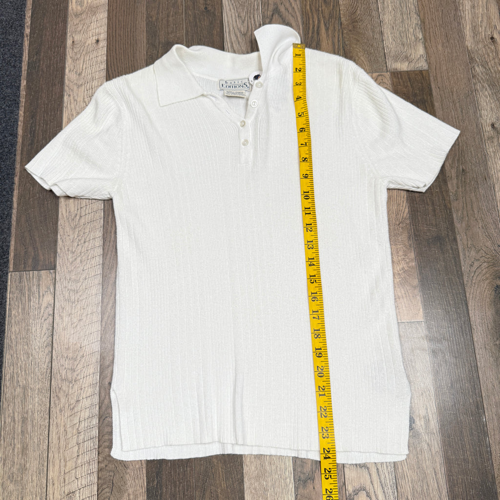 VTG Basic Editions Polo Top Ribbed Knit Top S White