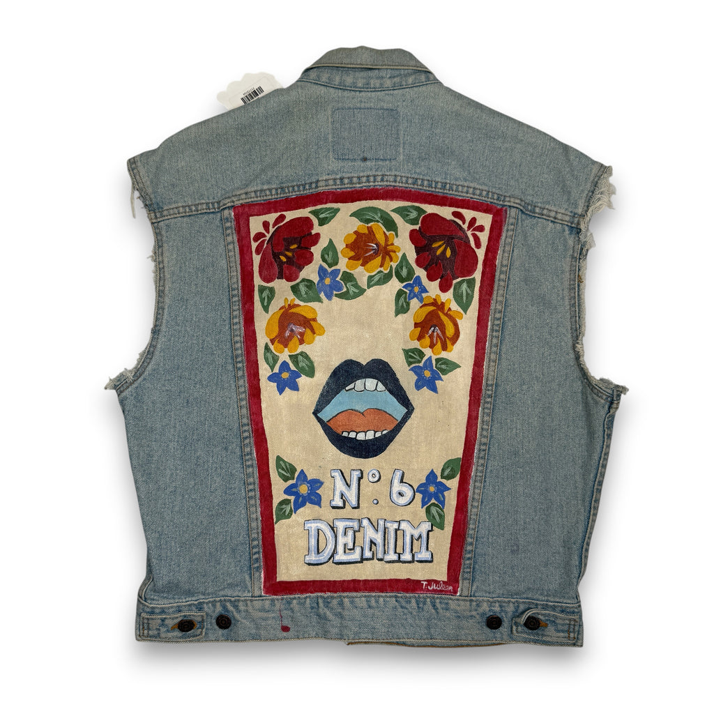 VTG Levis Cut Off Floral Hand Painted Denim Vest S/M