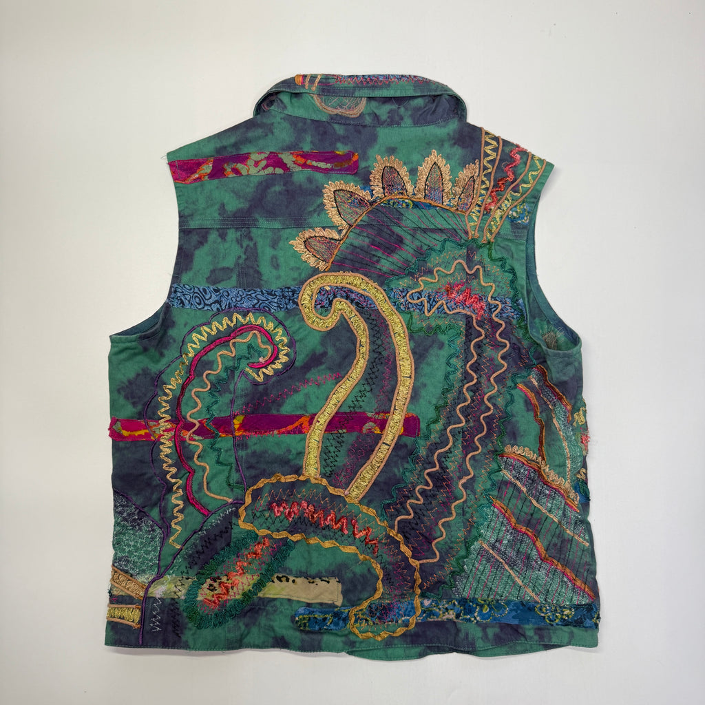VTG Chicos Art Embroidered Stitched Dyed Multi Color Vest S