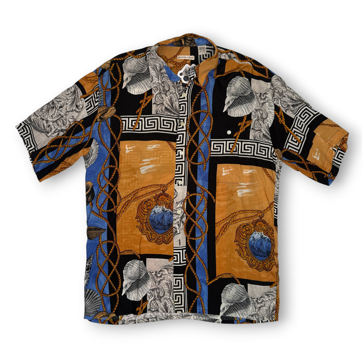 VTG Burma Bibas Baroque Greek Rayon Button Up L