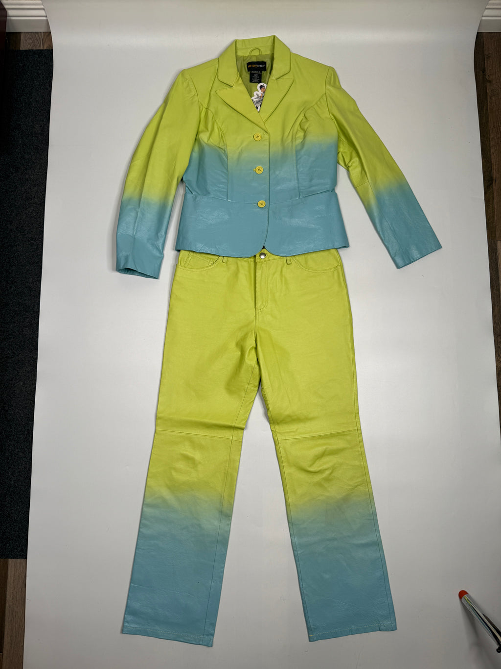 Y2K Metrostyle Leather Pantsuit Set Ombre Blazer Flare Pants L Green Blue