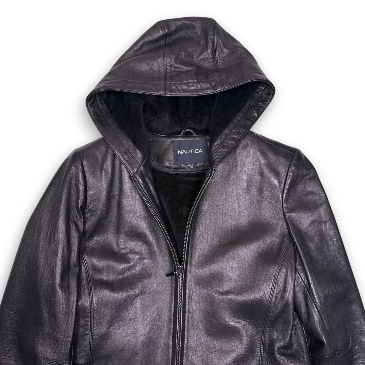 Nautica Genuine Leather Black Hooded Jacket M