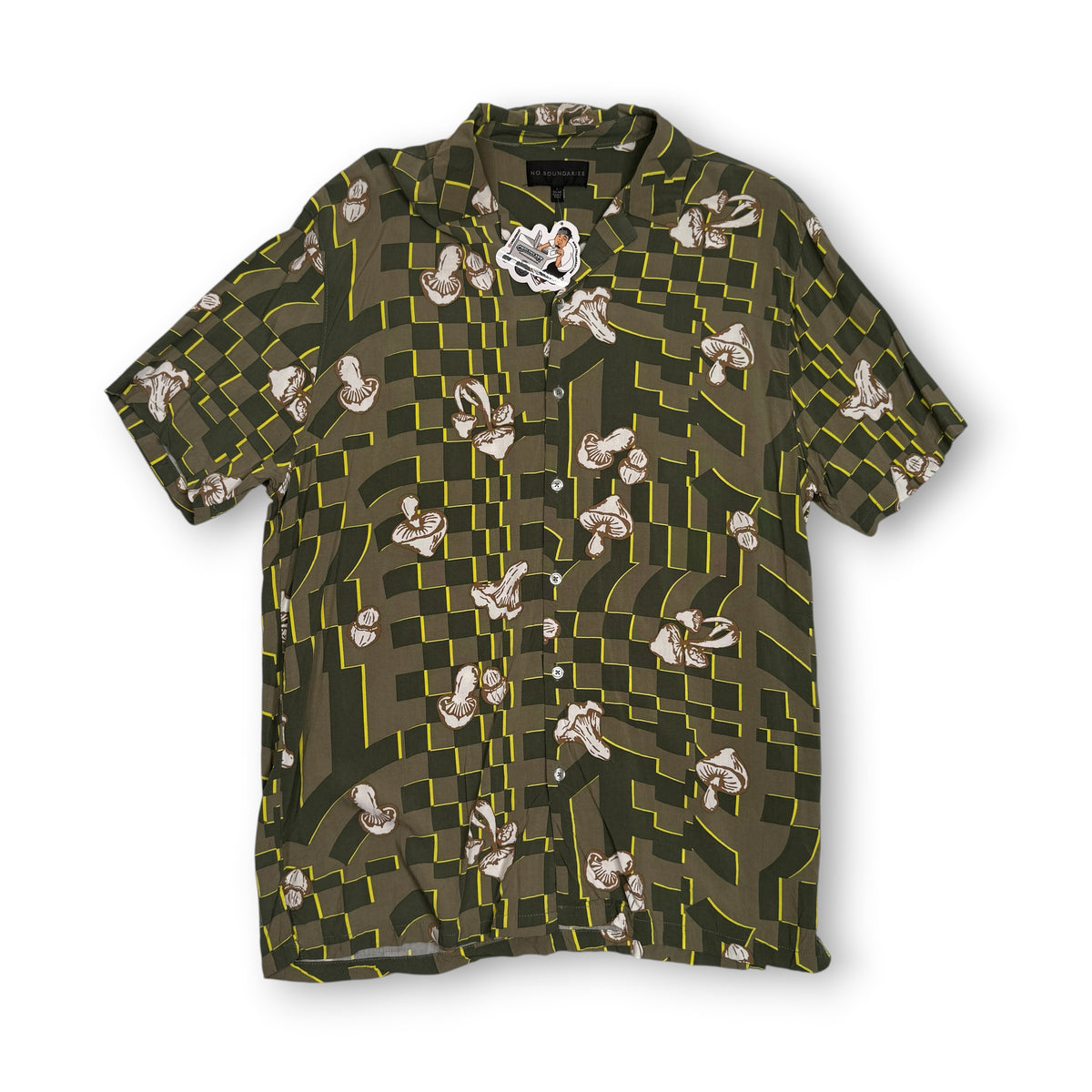 No Boundaries Magic Mushrooms Geometric Rayon Button Up L Green