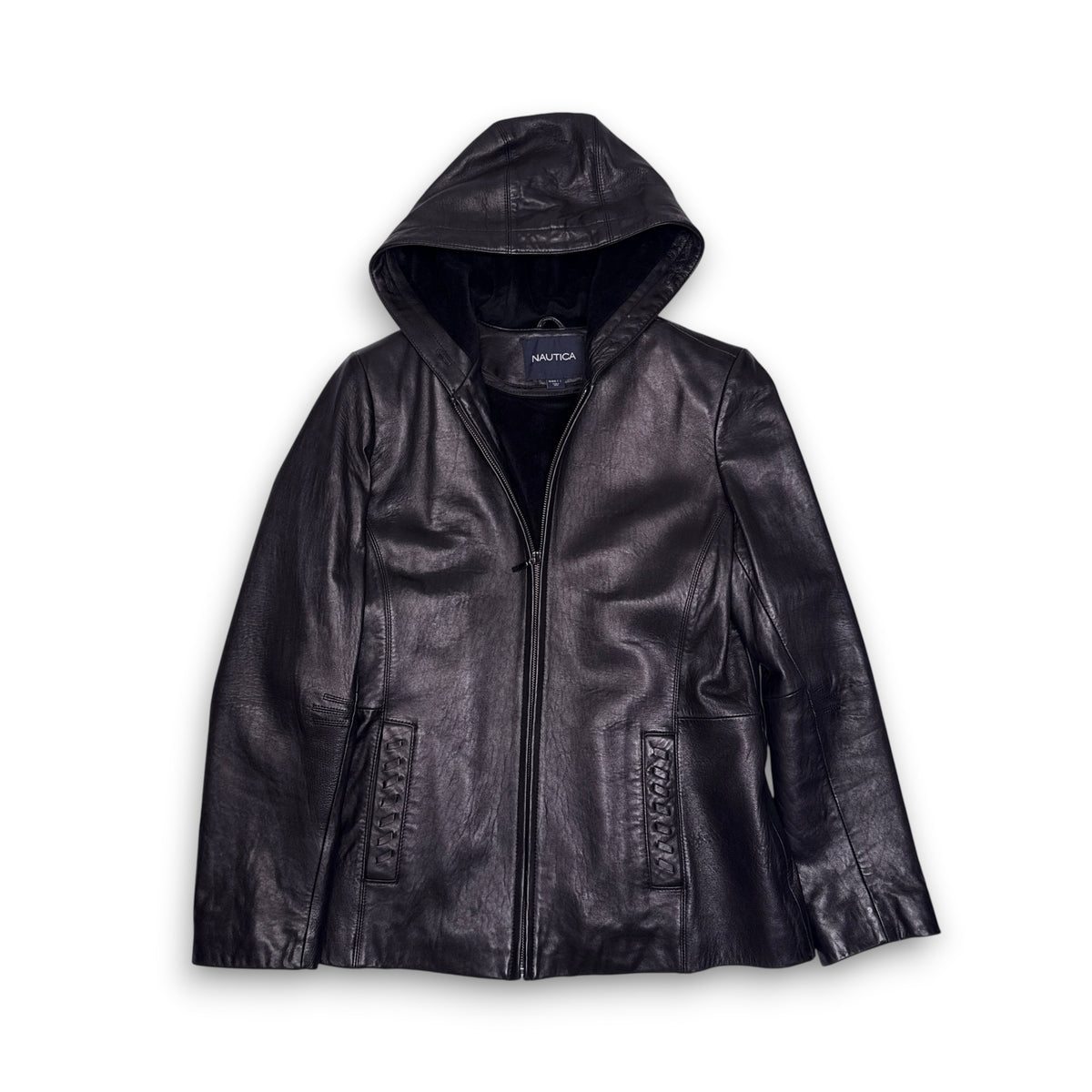 Nautica Genuine Leather Black Hooded Jacket M