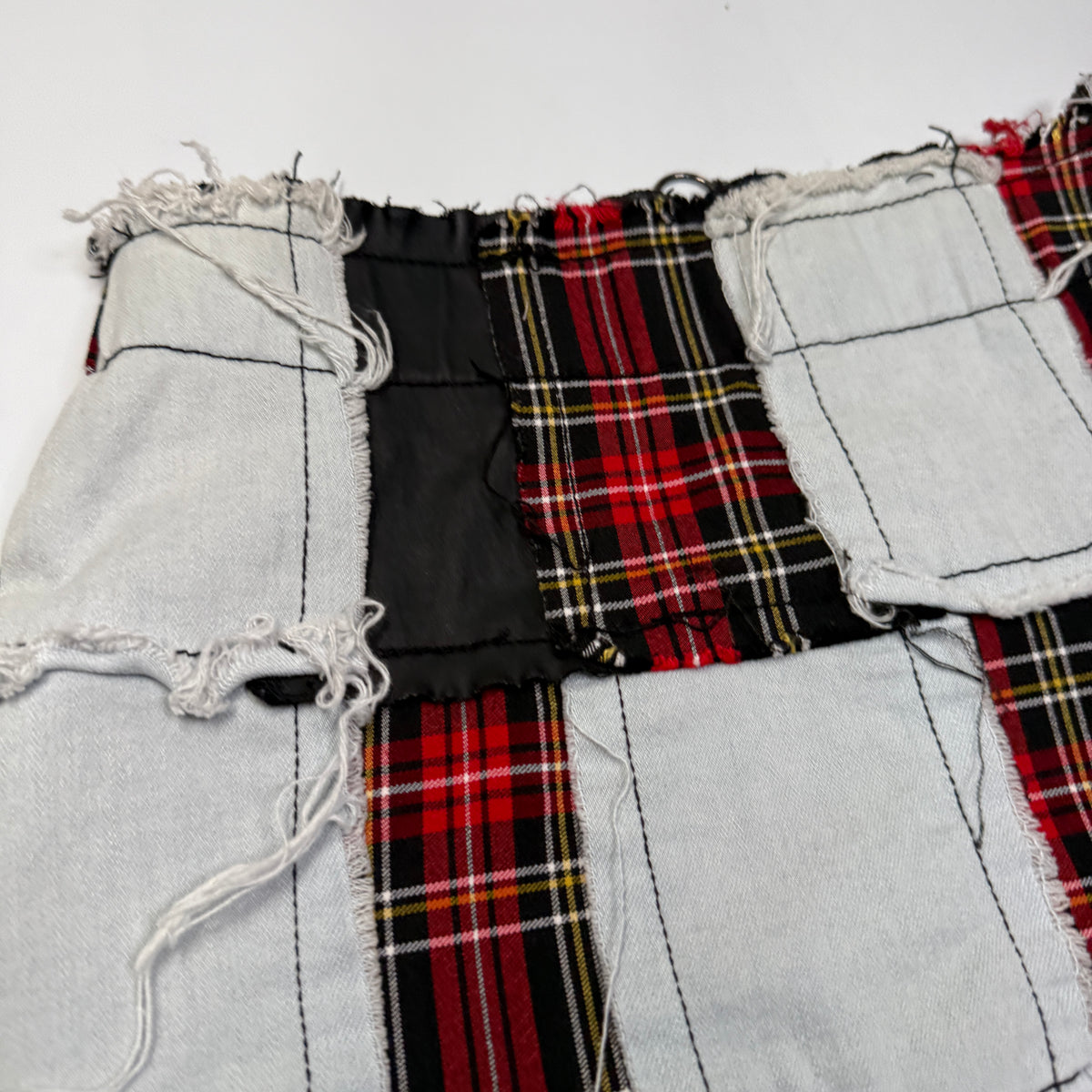 Custom Patchwork Plaid Denim Punk Mini Skirt 24"