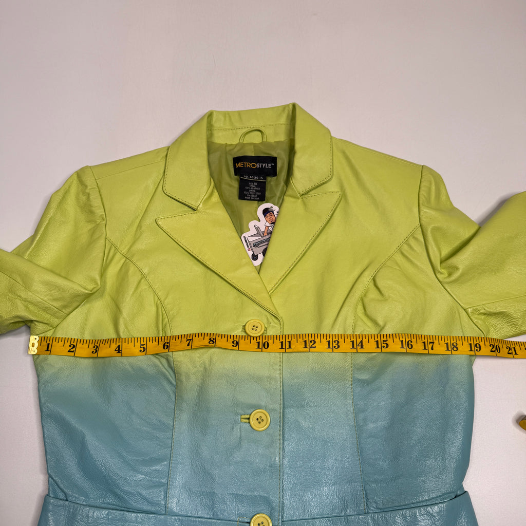 Y2K Metrostyle Leather Pantsuit Set Ombre Blazer Flare Pants L Green Blue