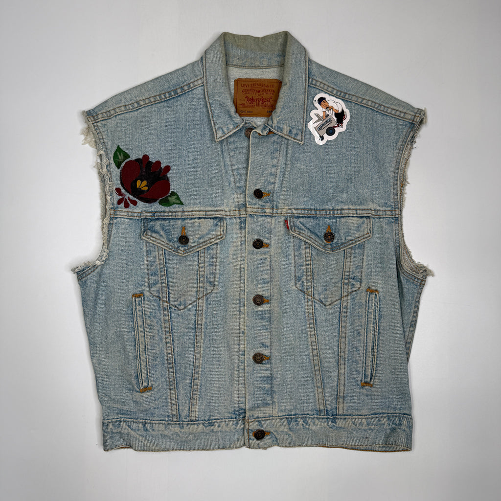 VTG Levis Cut Off Floral Hand Painted Denim Vest S/M