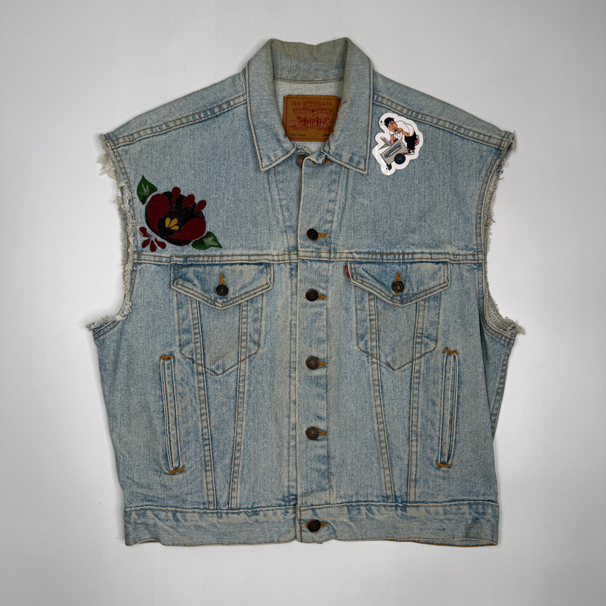 VTG Levis Cut Off Floral Hand Painted Denim Vest S/M