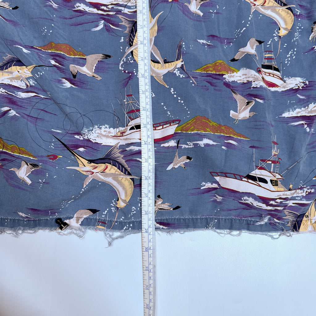 VTG Paradise Found Fishermen Sail Fish Distressed Hawaiian Button up L