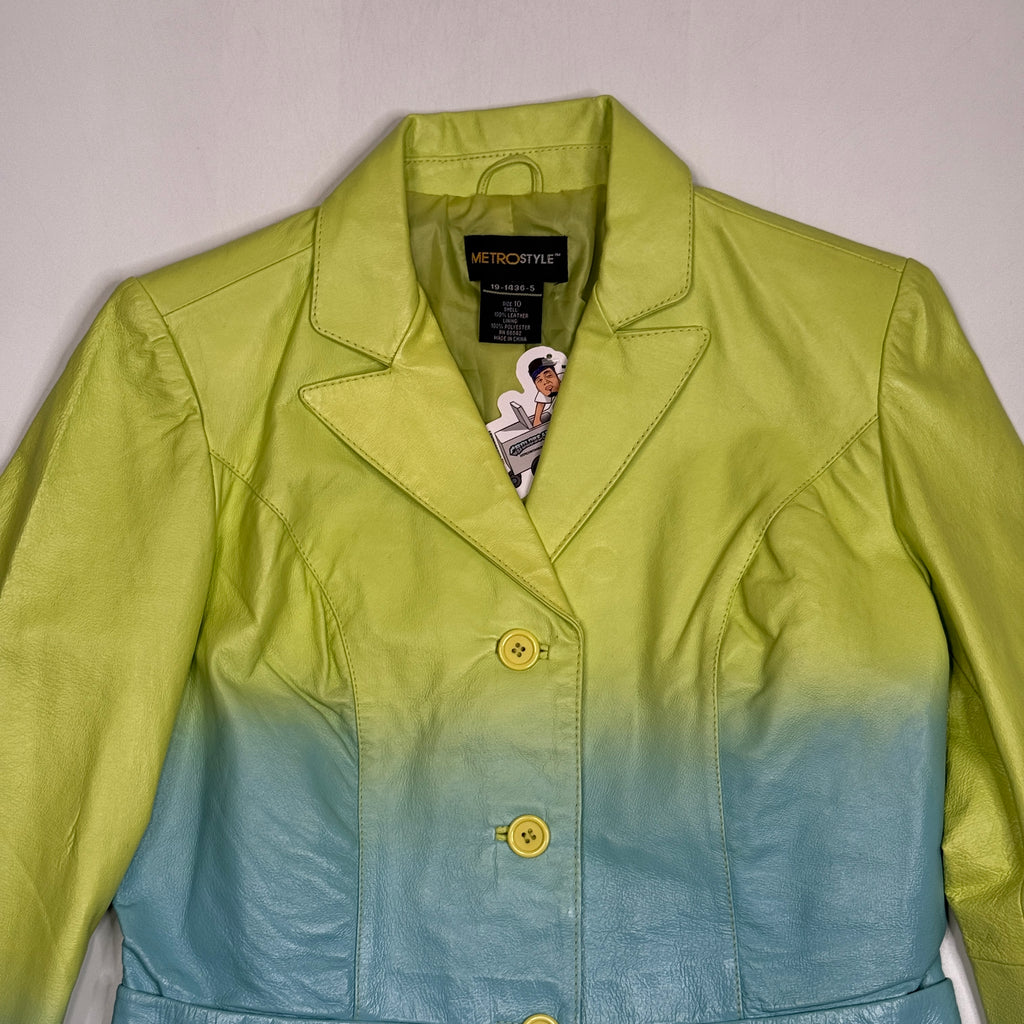 Y2K Metrostyle Leather Pantsuit Set Ombre Blazer Flare Pants L Green Blue