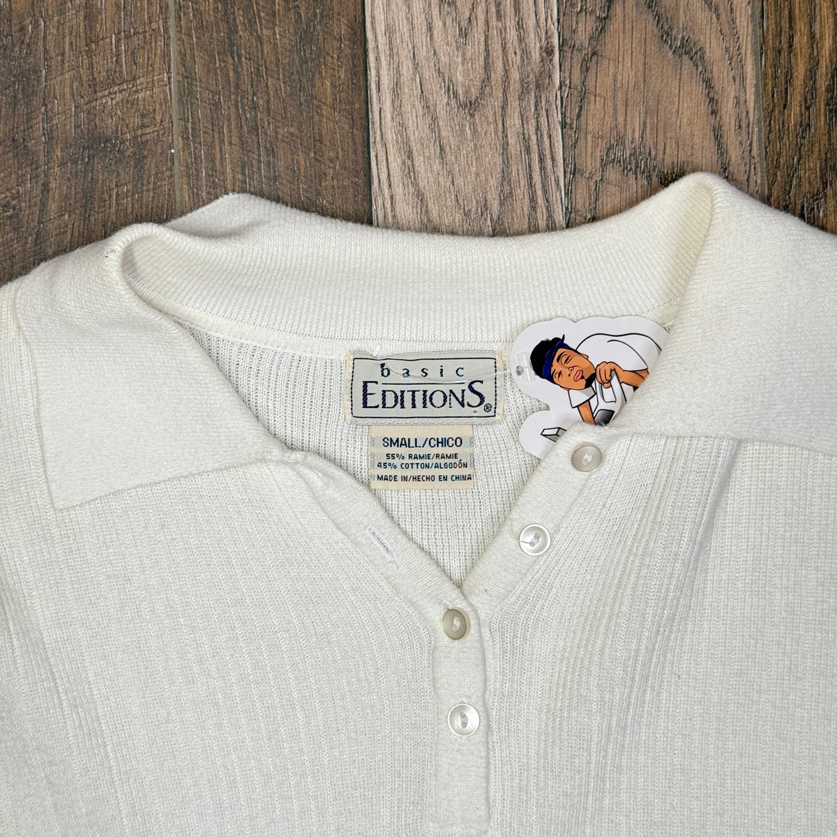 VTG Basic Editions Polo Top Ribbed Knit Top S White