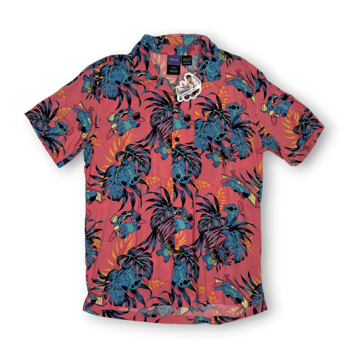 Disney Stitch Hawaiian Rayon Button Up M