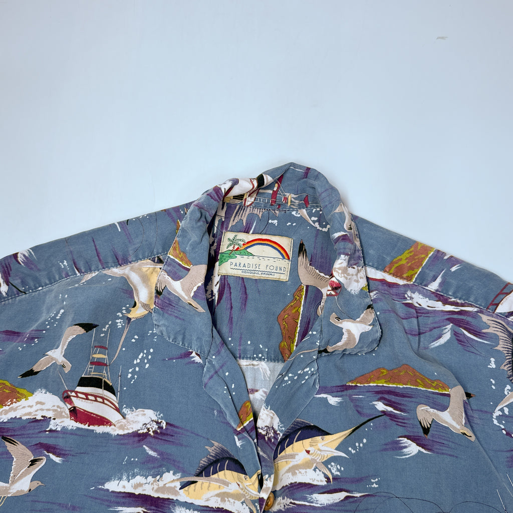 VTG Paradise Found Fishermen Sail Fish Distressed Hawaiian Button up L