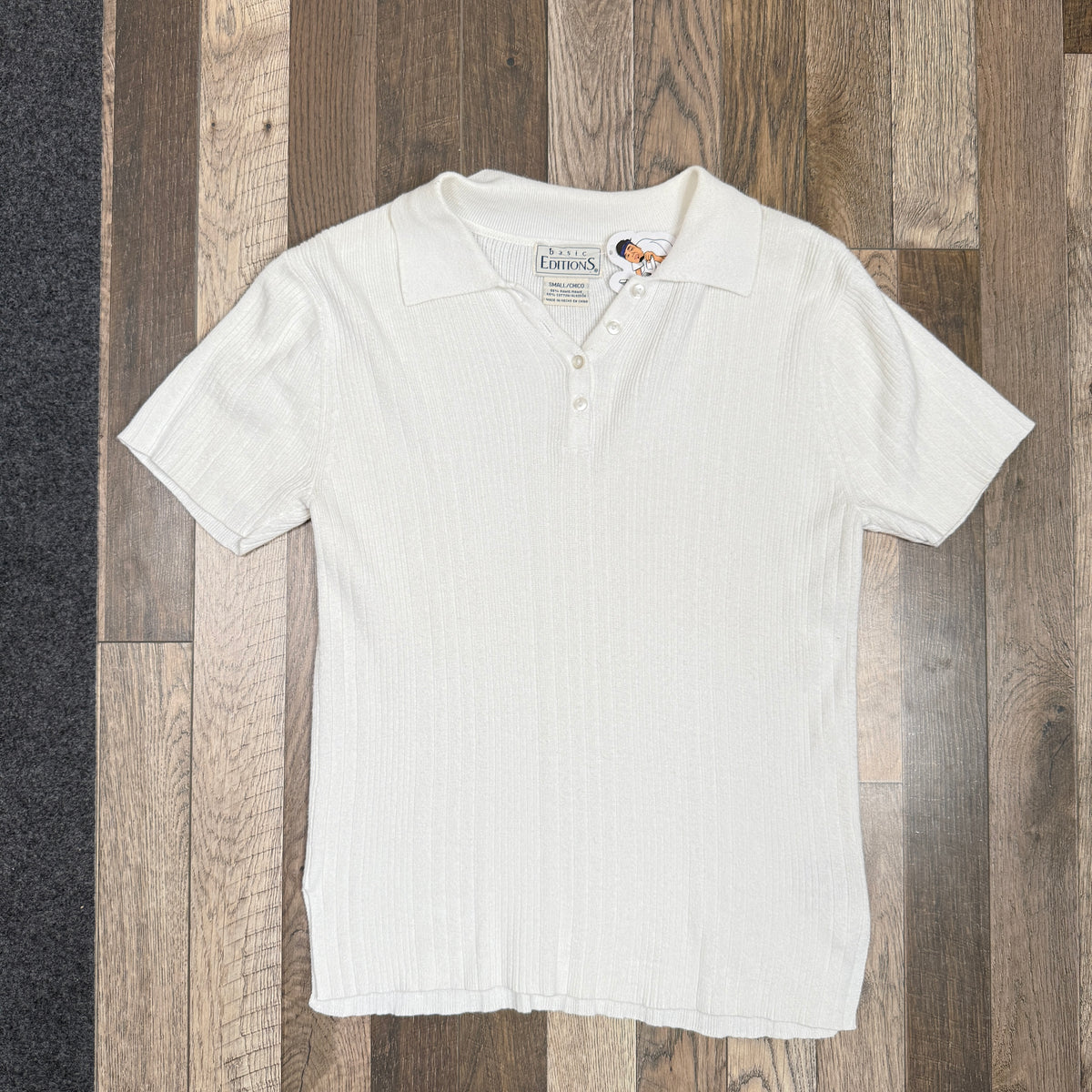 VTG Basic Editions Polo Top Ribbed Knit Top S White